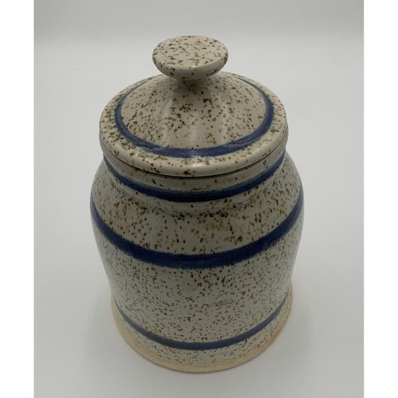 Vintage Art Pottery flour Jar with Lid white and blue strapes with brown dots - Picture 4 of 9